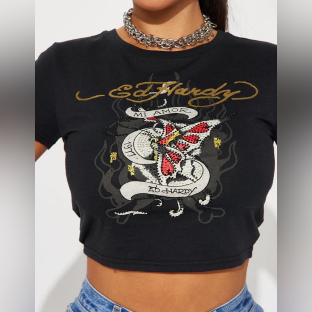 Ed Hardy Black Graphic Crop Top